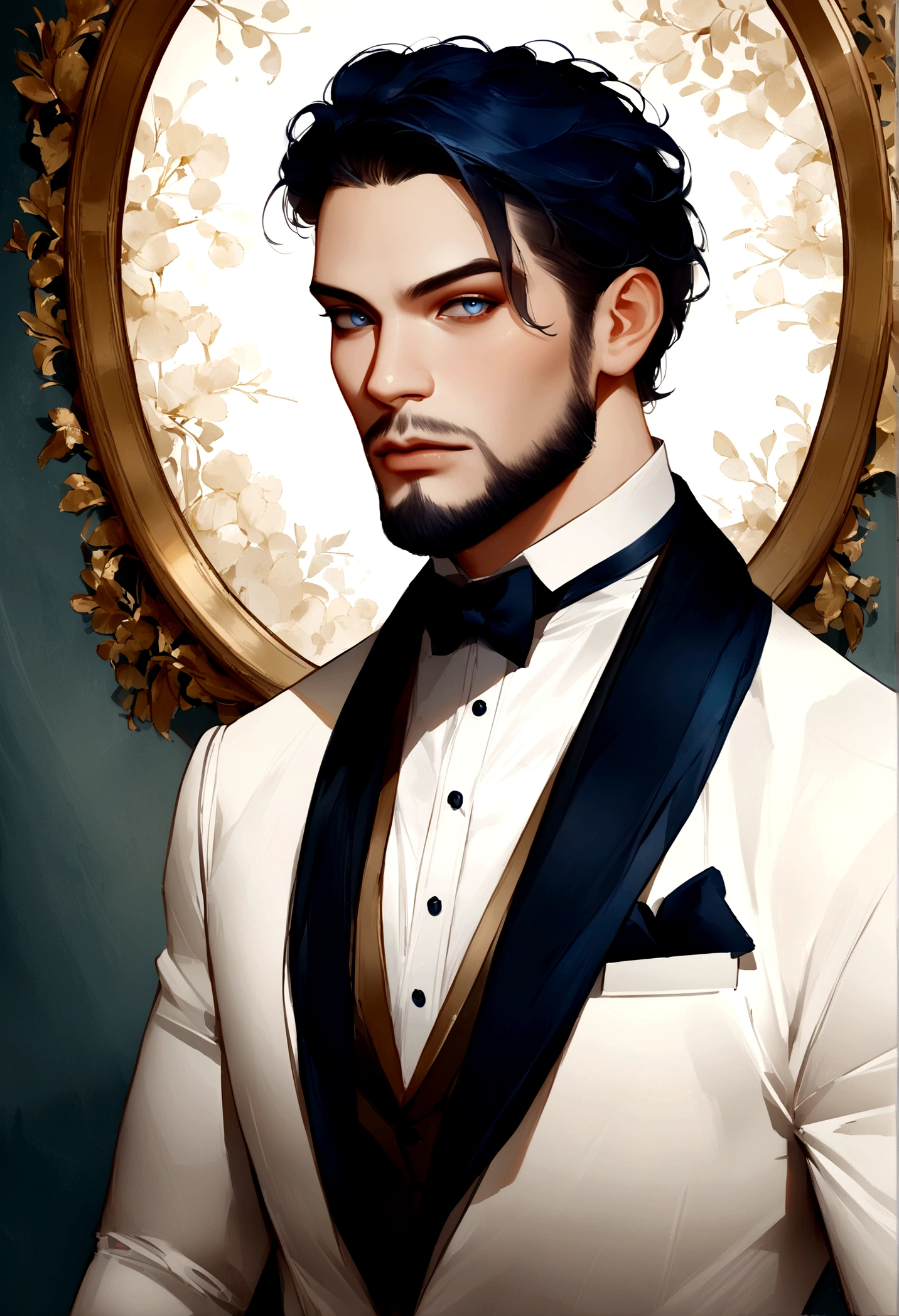 (Professional men in elegant clothes), (sem beard,) (blue colored eyes) (portraite) Beautiful and serious appearance., Dark Blue Hair, elegant and elegant, And a strong, very formal white shirt., (Realistic, high-quality images), ((best qualityer, 10, work of art).