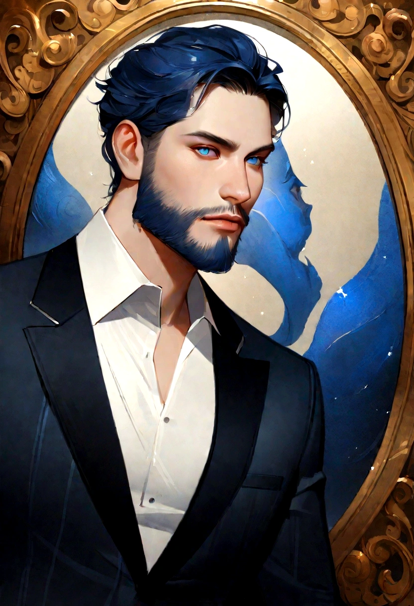(Professional men in elegant clothes), (sem beard,) (blue colored eyes) (portraite) Beautiful and serious appearance., Dark Blue Hair, elegant and elegant, And a strong, very formal white shirt., (Realistic, high-quality images), ((best qualityer, 10, work of art).
