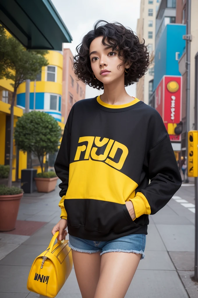 (best quality,4k,8k,highres,masterpiece:1.2),ultra-detailed,(realistic,photorealistic,photo-realistic:1.37), female 20 year old college student, tan-bronze skin with thin layer of freckles, long black hair with orange highlights, curly hair, amber colored eyes, (Wearing a yellow hoodie, black pencil skirt, glasses)
