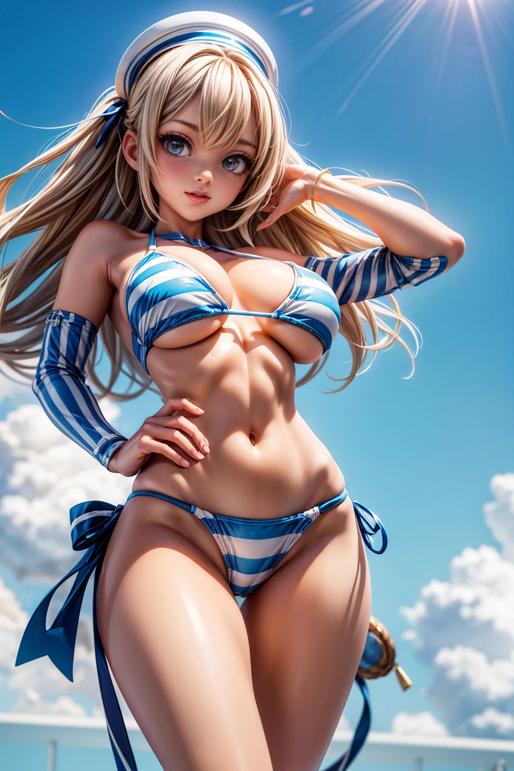 Super big breasts、High leg striped bikini、Blue and white horizontal striped bikini、Ultra glossy、sneakers、Detailed picture、girl、25-year-old woman、Dynamic and lively pose、Crotch line、Erect nipples