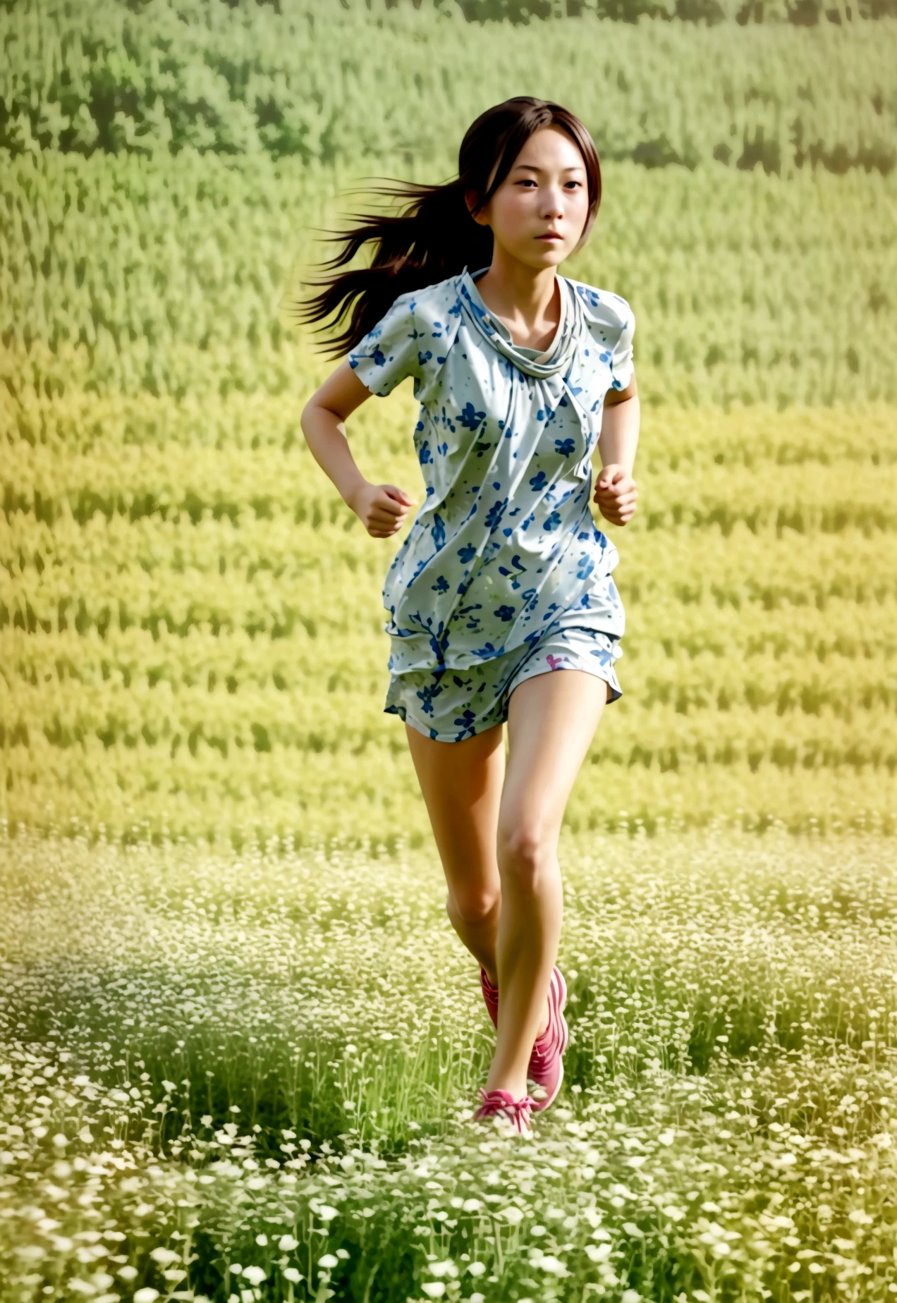 girl running in the feild of flowers, (masutepiece:1.4),(Best Quality:1.4)