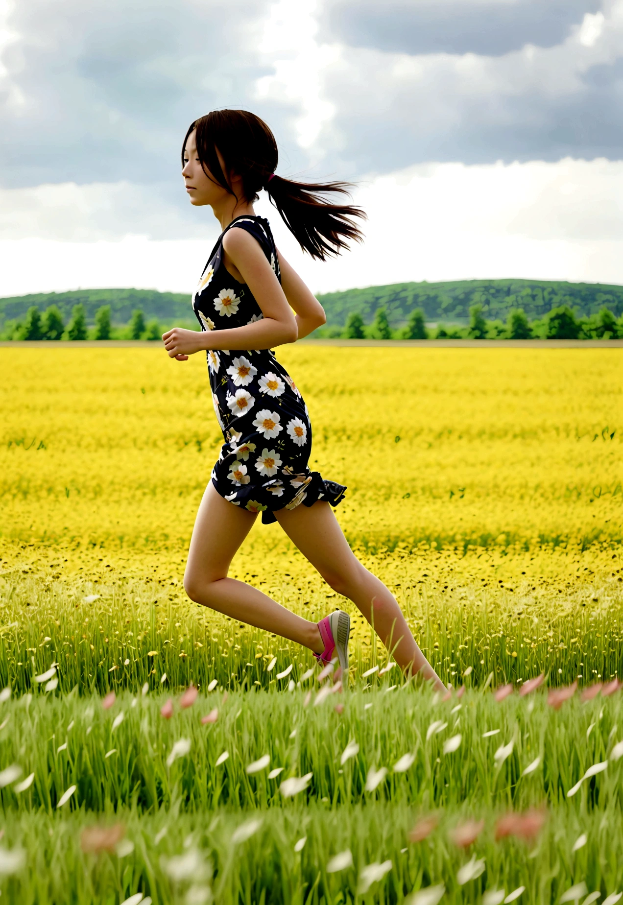 girl running in the feild of flowers, (masutepiece:1.4),(Best Quality:1.4)