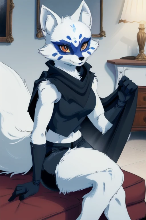 Alopex, arctic fox, furry, blue marks face, tmnt, smile, orange eyes, girl1, solo, black cape, black shirt, black shorts, best quality, masterpiece, living room 