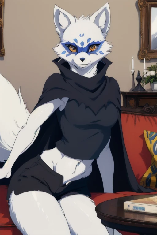 Alopex, arctic fox, furry, blue marks face, tmnt, smile, orange eyes, girl1, solo, black cape, gloves, black shirt, black shorts, best quality, masterpiece, living room