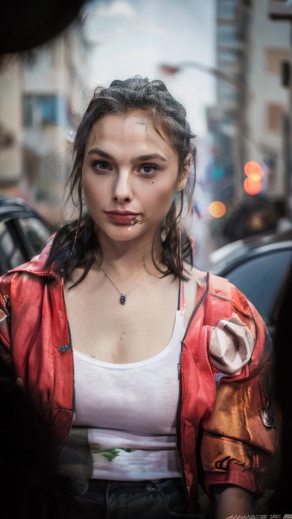 Create a highly detailed and realistic image of Harley Quinn as portrayed by Margot Robbie in "Suicide Squad." She should look beautiful and charismatic, with her signature blonde hair dyed with pink and blue tips. She is wearing a white transparent t-shirt through which her breasts are subtly visible, featuring the text "hahaha" printed on it. The setting is a post-apocalyptic world infested with zombies. The scene should depict a city in ruins, with many spent ammunition cartridges scattered across the streets, indicating recent and intense battles. The atmosphere should be dark, gritty, and tense, with an overall feeling of danger and chaos.