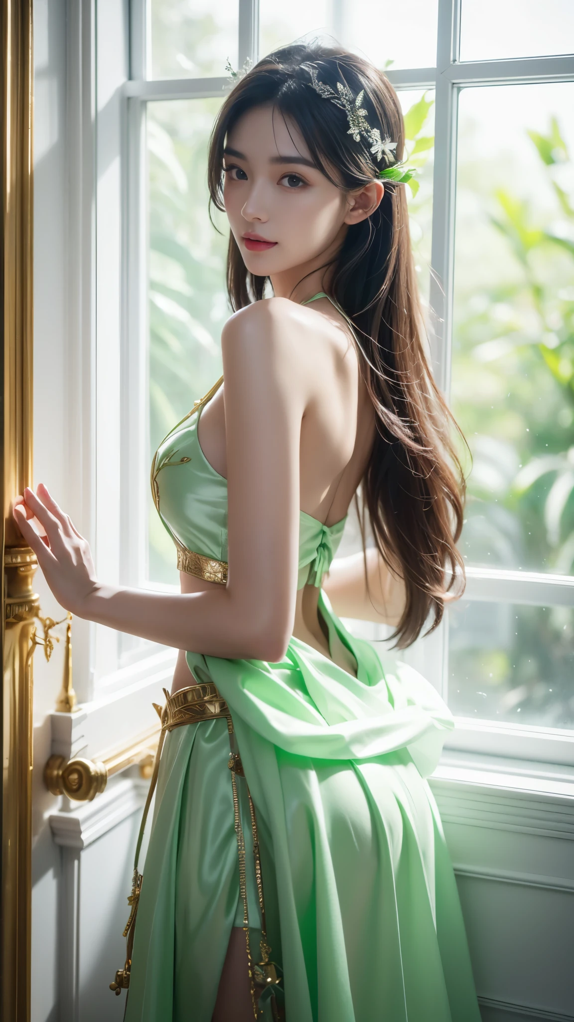 4K, UHD, masterpeice, 1 girl, petfect body, good face, very long hair, ((white skin)), fairytale outfit, green coutfit, bare waist, fujicolor, window, depth of field, ray tracing, ultra realistic detailes,