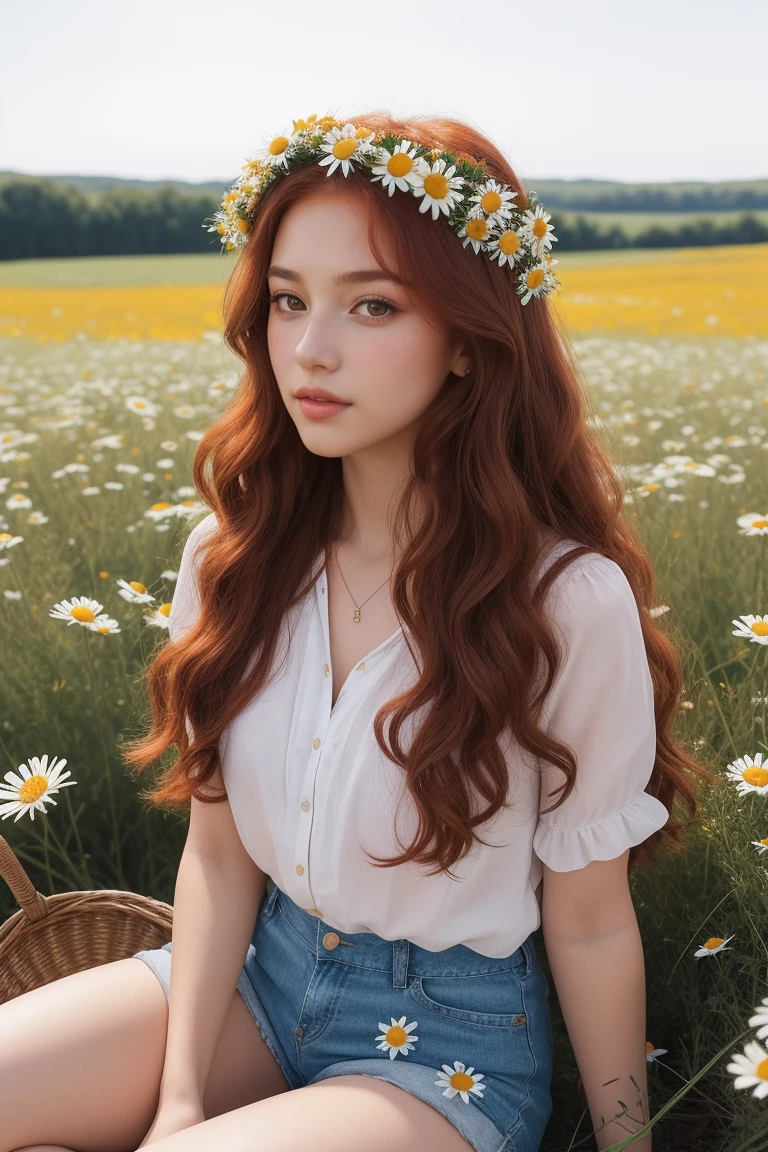 (girl:1.2),alone, (Long red curly hair:1.1), Brown eyes, Wear a wreath of daisies on your head, Sitting in a field of daisies, (Fruit basket:1.1), Blue shorts, Red Shirt,,born,photograph,photographの影,Actual,Ridiculous,beautiful,elegant