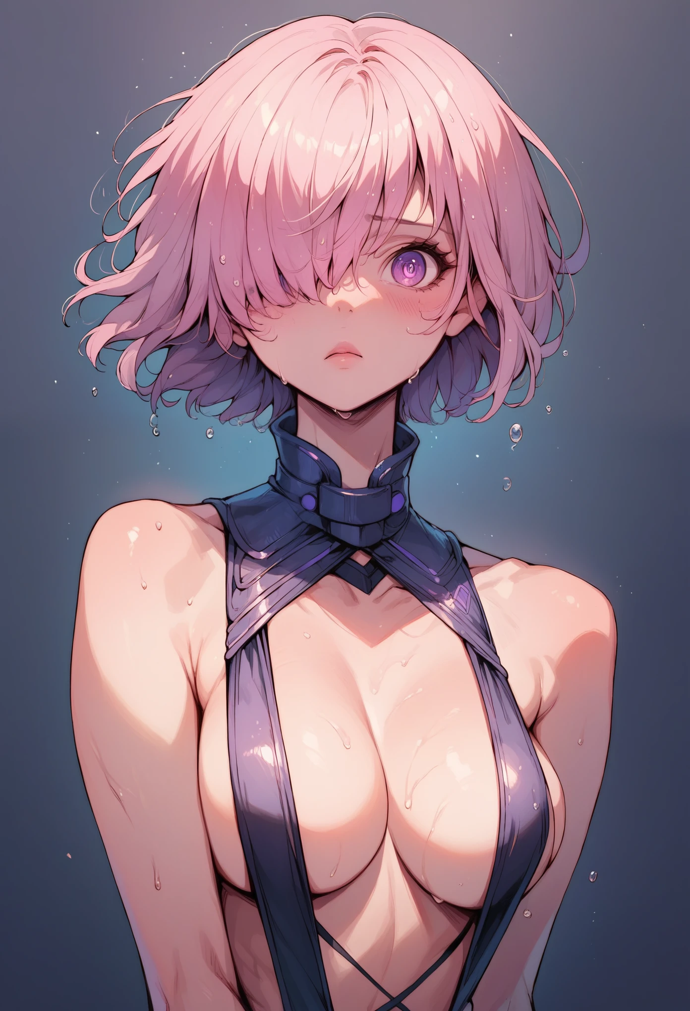 score_9, score_8_up, score_8, score_7_up, score_7, score_6_up, score_6, score_5_up, Score_5, intricate details, (highly detailed skin:1.2), full body, Mash Kyrielight, purple eyes, pink hair, short hair, hair over one eye, large breasts, pushing breasts with hands, realistic, highres, beauty photo, tear drop , shy expression, blushing face, (wearing black colored slingshot:1.3), Hourglass-Petite body shape, fill lighting, (tilted head:1.4), (sexy pose:1.3), (wet:1.2),