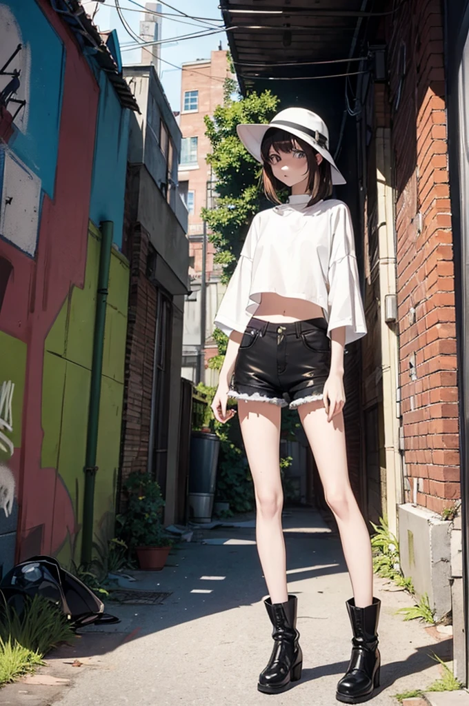 A very thin girl, with extremely pale skin, wearing a white Bucket Hat . She is dressed in a white collarless crop top, black shorts, and brown boots. She stands next to a vintage green Vespa motorcycle, holding an empty bottle. The setting is an urban alley, decorated with vibrant street art and graffiti on the brick walls. The alley is dimly lit, casting dramatic shadows and enhancing the dystopian atmosphere.