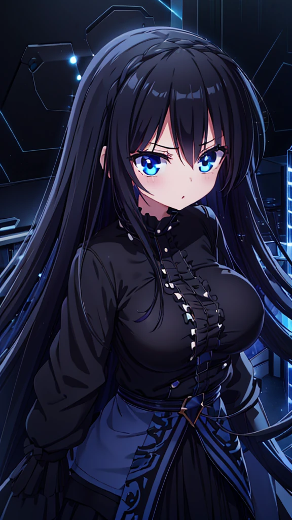 best quality, extremely detailed, anime style girl, long hair down to the waist, straight hair, dark black hair with bluish,crown braid,beautiful detailed eyes, pinched eyes, dark blue eyes, gradation eyes,huge breasts,((((black atmosphere)))),((Luxurious room)),((((cool)))),dynamic angle,sparkling eyes 