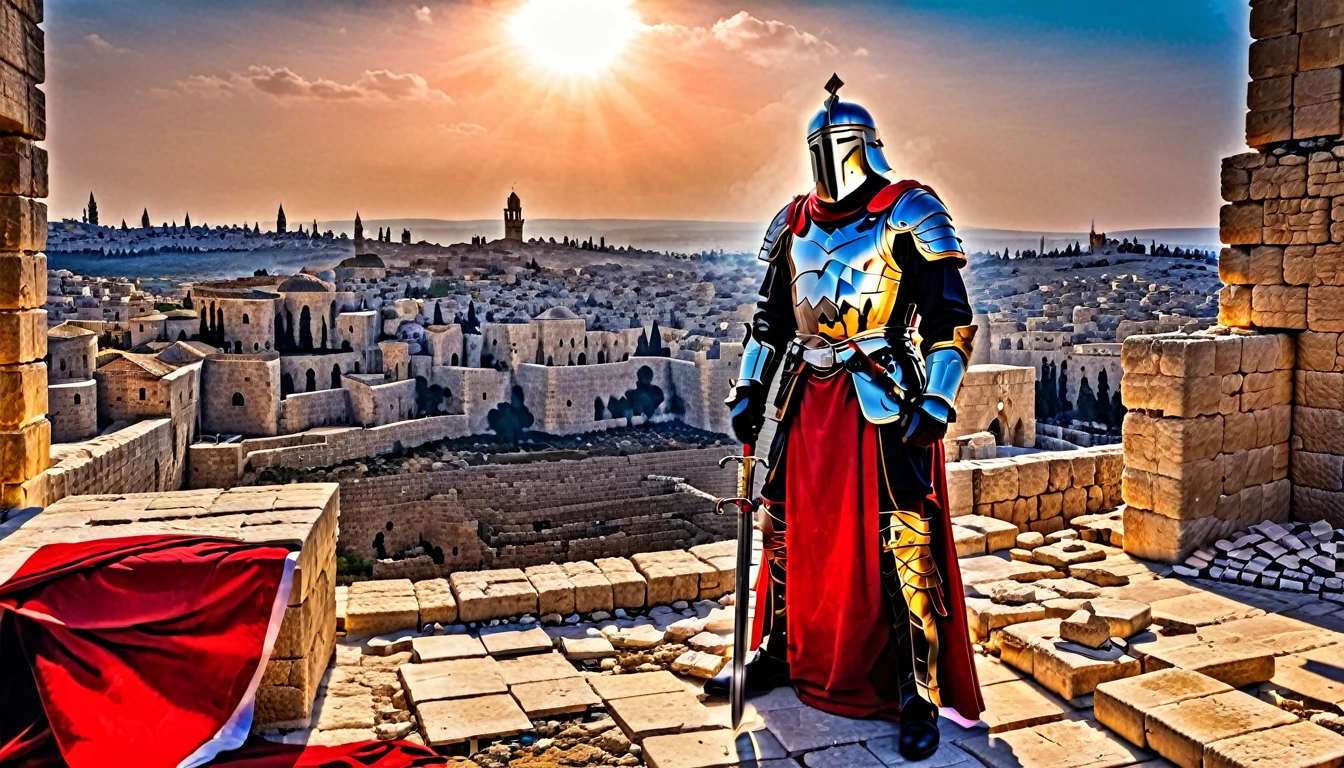 HDR, BEST IMAGE, COLOR, A WARRIOR OF GOD, TEMPLAR KNIGHT OF ANCIENT JERUSALEM, WITH SWORD AND RED COVER, IN FRONT OF THE RUBBISH DESTROYED CITY OF JERUZALEM, FALLEN TOWERS, RUBBLE, SMOKE, COLOR IMAGE, RUINS ON THE GROUND, FIRE