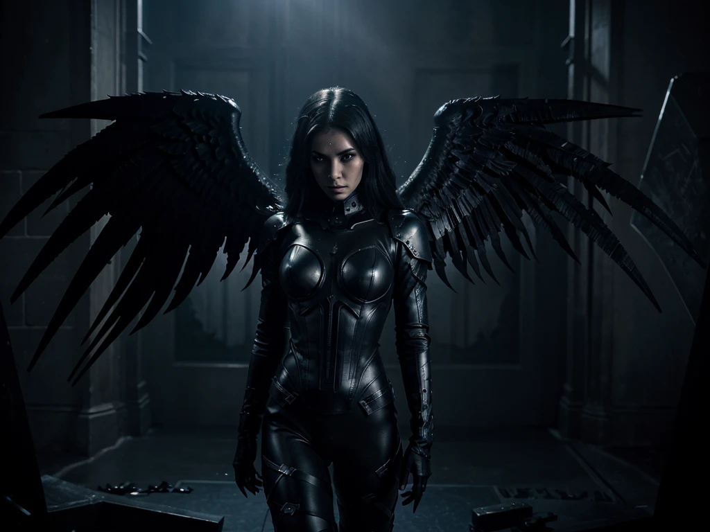 a dark angel,gothic angel,dark electro music,space,dramatic lighting,cinematic,moody atmosphere,dramatic pose,glowing eyes,dark wings,dramatic shadows,metallic accents,intricate details,photorealistic,cinematic lighting,high contrast,muted color palette,chiaroscuro,digital art,concept art