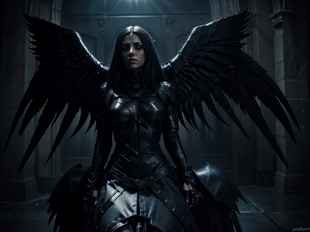 a dark angel,gothic angel,dark electro music,space,dramatic lighting,cinematic,moody atmosphere,dramatic pose,glowing eyes,dark wings,dramatic shadows,metallic accents,intricate details,photorealistic,cinematic lighting,high contrast,muted color palette,chiaroscuro,digital art,concept art
