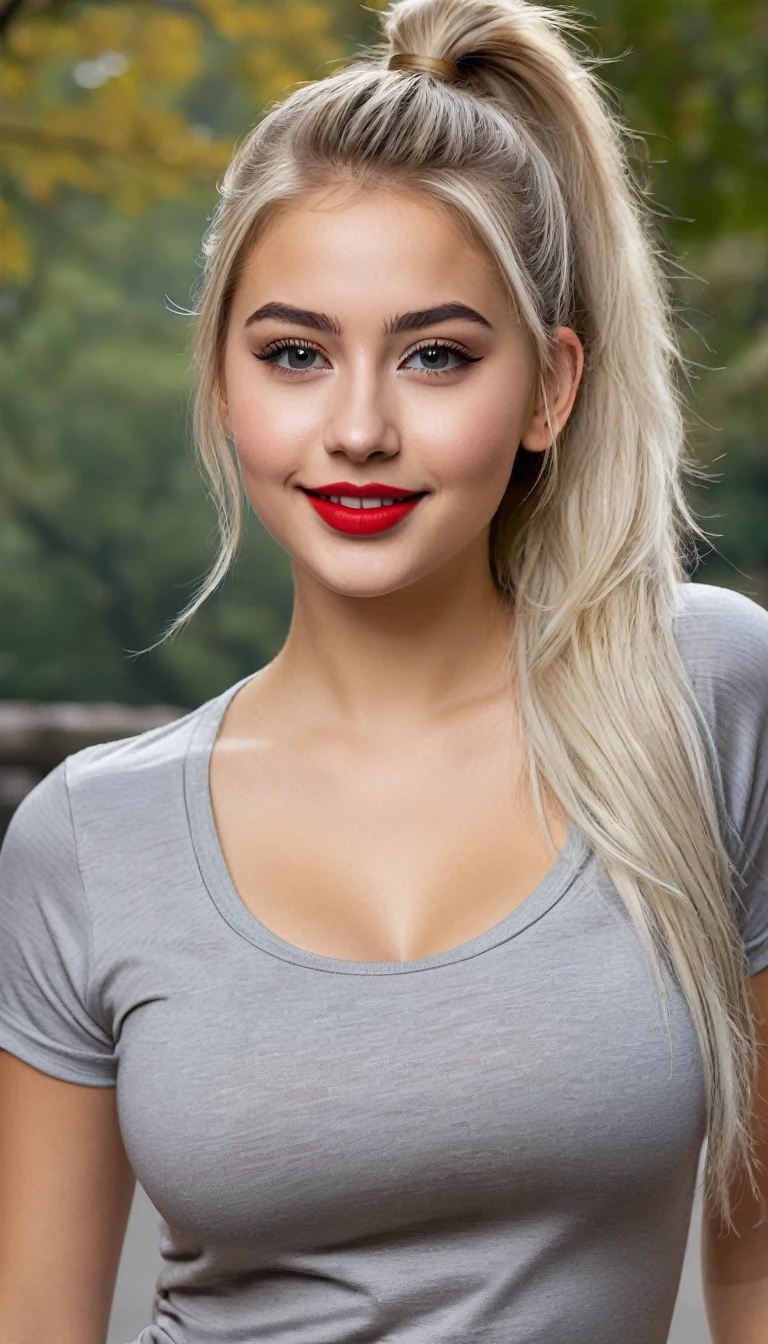 ultrarealistic high quality fullbody photo of a beautiful busty slim european 19-year-old mwoman with cute hyperdetailed shy face and dyed platin blonde long messy ponytail hair and happy face, realistic round hazel eyes, red lips, dark eye makeup with eyeliner, wearing grey t-shirt and shiny white spandex short leggins, hourglass body, outdoor shooting in central park