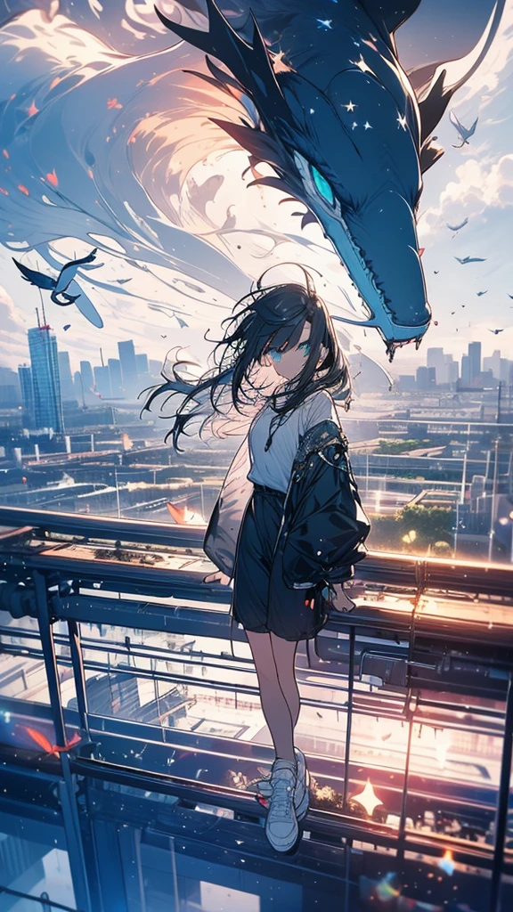 Exquisite detail,Highest quality, One girl, alone, handrail, cloud, Looking up at the buildings,Long Hair, zero, Long sleeve, Power lines, White footwear, Black Hair, View your viewers, Electric pole, bangs, cloudy zero, fish, bird, Green Eyes, Shorts, Day, Black Shirt, barefoot,Whale flying in the sky,Giant whale,night,Star,milky way,night,Pitch black,Buildings,Standing and looking up,Short Bob