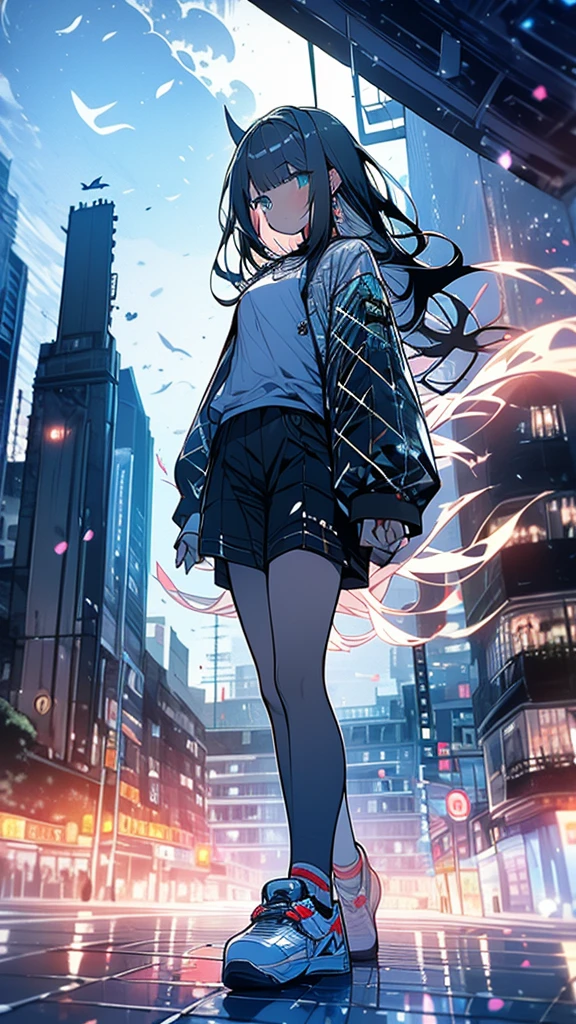 Exquisite detail,Highest quality, One girl, alone, handrail, cloud, Looking up at the buildings,Long Hair, zero, Long sleeve, Power lines, White footwear, Black Hair, View your viewers, Electric pole, bangs, cloudy zero, fish, bird, Green Eyes, Shorts, Day, Black Shirt, barefoot,Whale flying in the sky,Giant whale,night,Star,milky way,night,Pitch black,Buildings,Standing and looking up,Short Bob