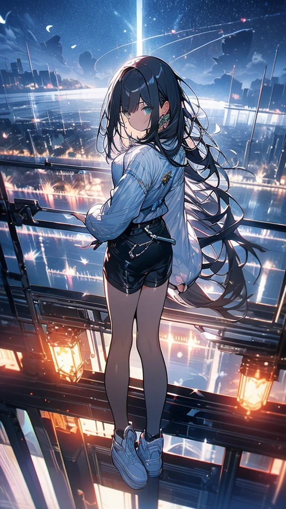 Exquisite detail,Highest quality, One girl, alone, handrail, cloud, Looking up at the buildings,Long Hair, zero, Long sleeve, Power lines, White footwear, Black Hair, View your viewers, Electric pole, bangs, cloudy zero, fish, bird, Green Eyes, Shorts, Day, Black Shirt, barefoot,Whale flying in the sky,Giant whale,night,Star,milky way,night,Pitch black,Buildings,Standing and looking up,Short Bob