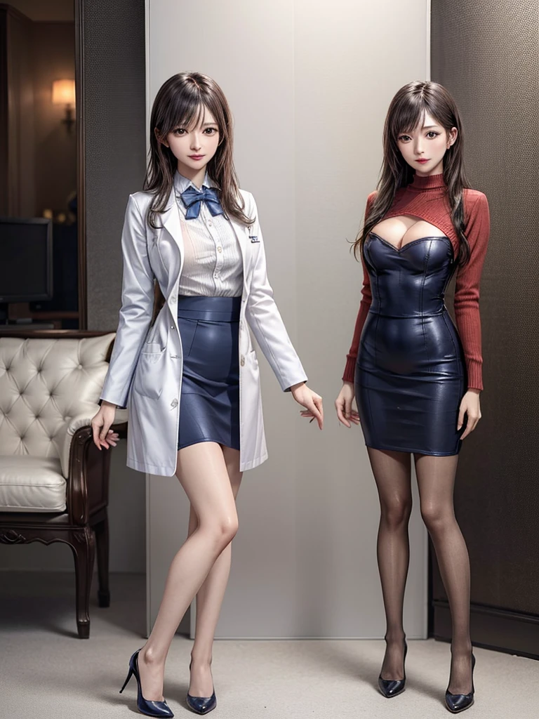 masutepiece, Best Quality, Illustration, Ultra-detailed, finely detail, hight resolution, 8K Wallpaper, Perfect dynamic composition, Beautiful detailed eyes,short bob, mid-chest, Natural Color Lip, Random and sexy poses,Smile,26 years girl、Colossal tits、Examination room、Red High-Neck Sweater: A cozy red sweater with a high neckline, perfect for chilly days. It adds warmth and style to your ensemble. Navy Blue Pencil Skirt: A classic and elegant choice. The pencil skirt typically falls just below the knee, creating a flattering silhouette1. Sheer Stockings: These delicate stockings add a touch of sophistication. They’re lightweight and perfect for pairing with skirts or dresses.doctor coat Blue High-Heeled Shoes: Elevate your look with blue high-heeled shoes. They elongate your legs and add a polished touch. Brown Hair: Your natural hair color complements the overall outfit. It’s versatile and goes well with various styles. White Coat (Like a Doctor): The white coat adds a professional touch, reminiscent of a doctor’s attire. It’s a symbol of authority and expertise.