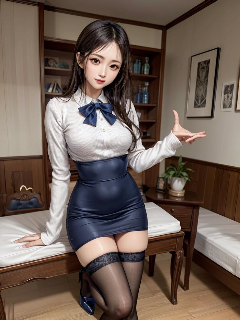 masutepiece, Best Quality, Illustration, Ultra-detailed, finely detail, hight resolution, 8K Wallpaper, Perfect dynamic composition, Beautiful detailed eyes,short bob, mid-chest, Natural Color Lip, Random and sexy poses,Smile,26 years girl、Colossal tits、Examination room、Red High-Neck Sweater: A cozy red sweater with a high neckline, perfect for chilly days. It adds warmth and style to your ensemble. Navy Blue Pencil Skirt: A classic and elegant choice. The pencil skirt typically falls just below the knee, creating a flattering silhouette1. Sheer Stockings: These delicate stockings add a touch of sophistication. They’re lightweight and perfect for pairing with skirts or dresses.doctor coat Blue High-Heeled Shoes: Elevate your look with blue high-heeled shoes. They elongate your legs and add a polished touch. Brown Hair: Your natural hair color complements the overall outfit. It’s versatile and goes well with various styles. White Coat (Like a Doctor): The white coat adds a professional touch, reminiscent of a doctor’s attire. It’s a symbol of authority and expertise.