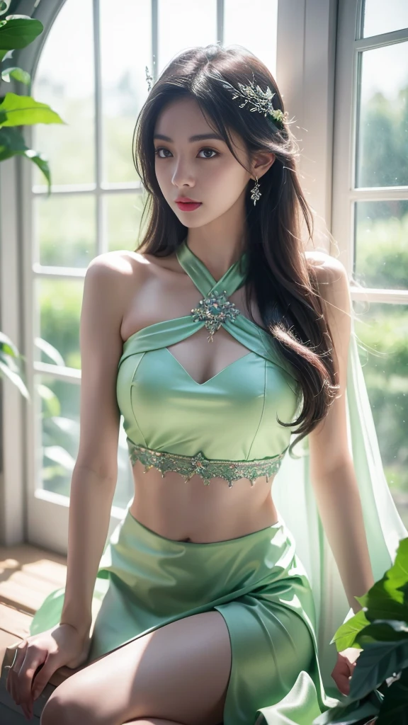 4K, UHD, masterpeice, 1 girl, front body, good face, very long hair, ((white skin)), fairytale outfit, green coutfit, bare waist, fujicolor, window, depth of field, ray tracing, ultra realistic detailes, sitting,