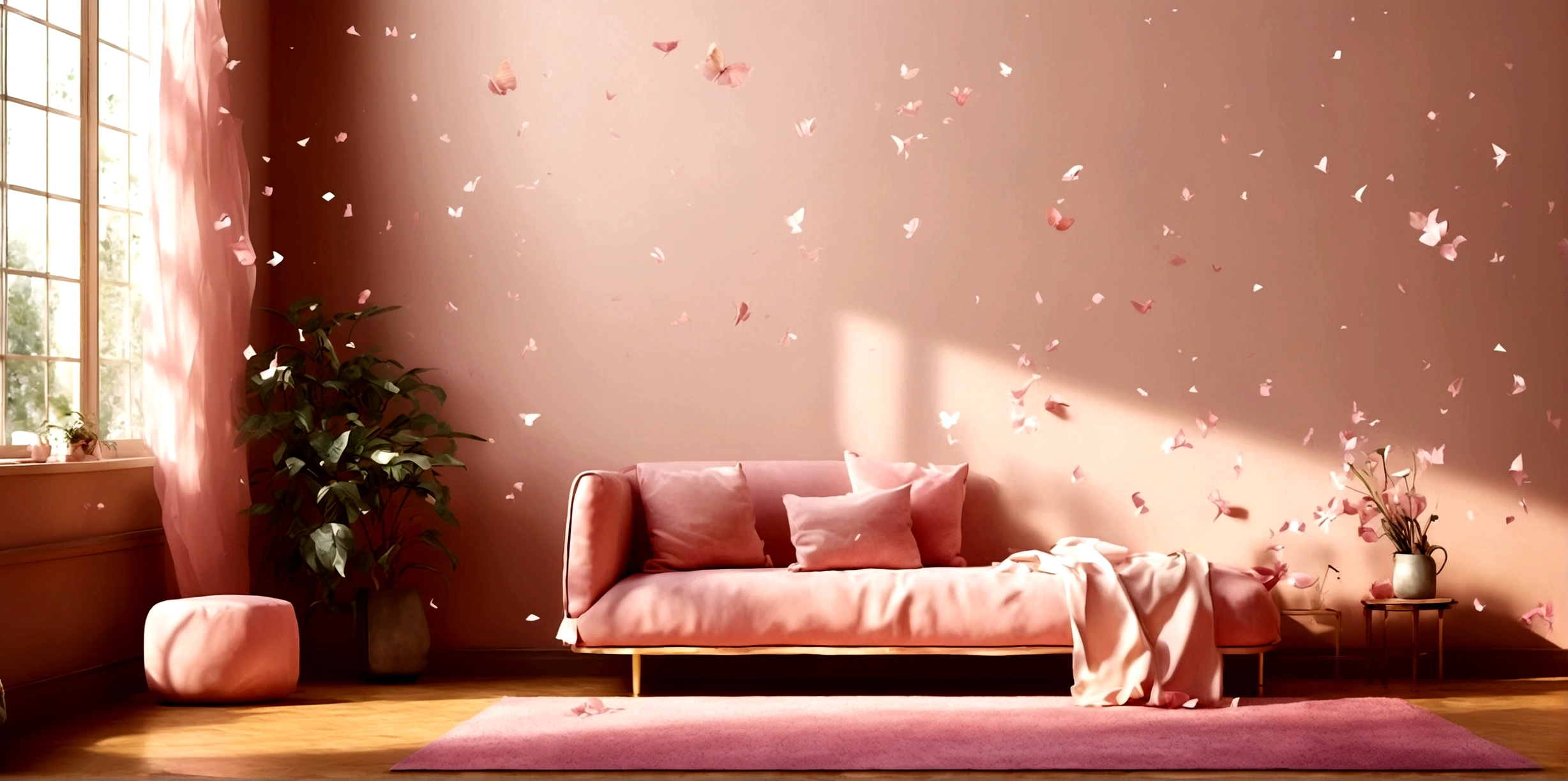 Banner graph;poster;There is a pair of small ballet shoes in the corner of the picture,Wrapped in a pink ribbon;Ribbons fill the screen;dream,mystery;Big scene;Golden pink hue。Low saturation;Background pure,Simplicity。Large blank space in the center。Flat background;