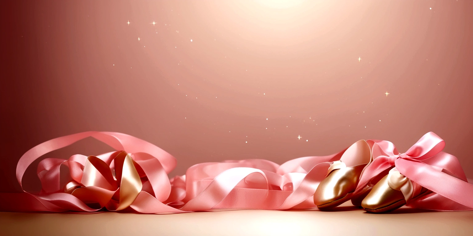Banner graph;poster;There is a pair of small ballet shoes in the corner of the picture,Wrapped in a pink ribbon;Ribbons fill the screen;dream,mystery;Big scene;Golden pink hue。Low saturation;Background pure,Simplicity。Large blank space in the center。Flat background;