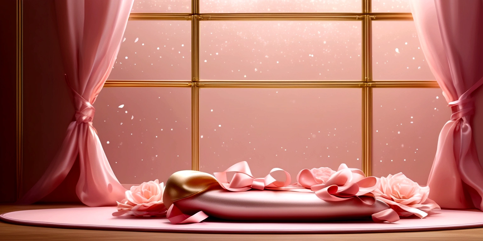 Banner graph;poster;There is a pair of small ballet shoes in the corner of the picture,Wrapped in a pink ribbon;Ribbons fill the screen;dream,mystery;Big scene;Golden pink hue。Low saturation;Background pure,Simplicity。Large blank space in the center。Flat background;