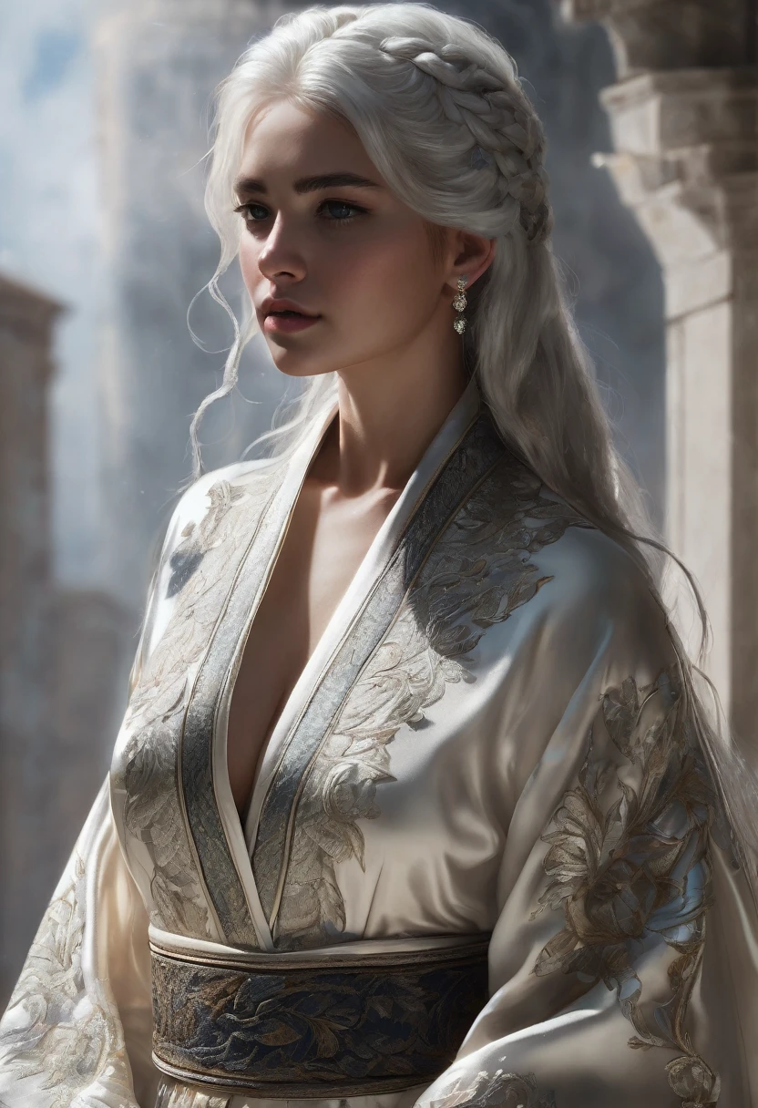 (best qualityer, work of art:1.2), ultra high resolution, realisitic, Front lighting, intricate-detail, Exquisite details and textures, 1 girl, standing alone ,(Youngh), face highlight, trunk, face detailed, tear mole, offwhite skin, silver hair, hypdertailed, Braided hair, gazing at viewer, eyes large, silk robe, (hollow pattern, offwhite, silk), aretes, breasts small, Fine body, Luxury bedroom, professional lighting, Photon mapping, radiosity, physically based rendering,