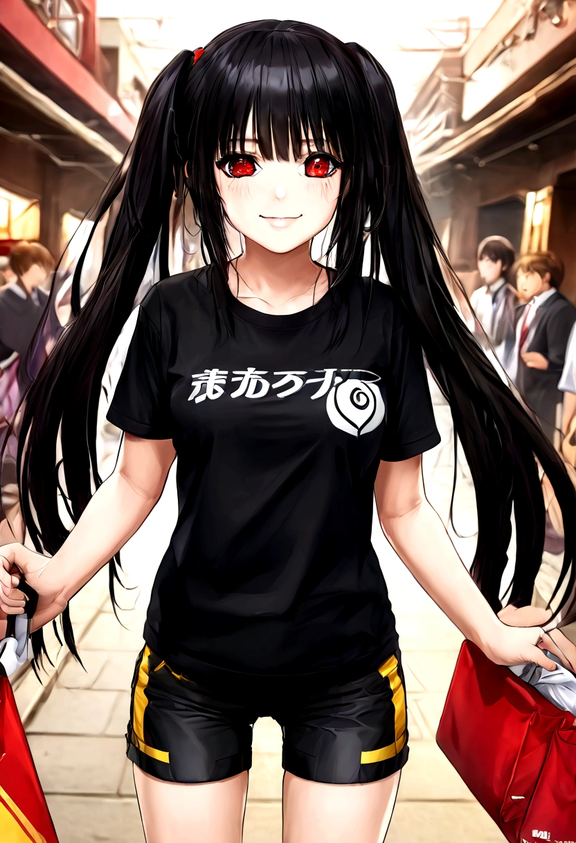 ultra-detailed,highly detailed,best quality,masterpiece,illustration,realistic, photo,photorealistic,
1girl, ((tokisaki kurumi)), cosplay, hair over one eye, (right red eye, left yellow eye), looking at viewer, happy girl, low twintails, ((t-shirts)), (((black hotpants))), hair rings, loafers,
(Outdoors) , walking, beach
