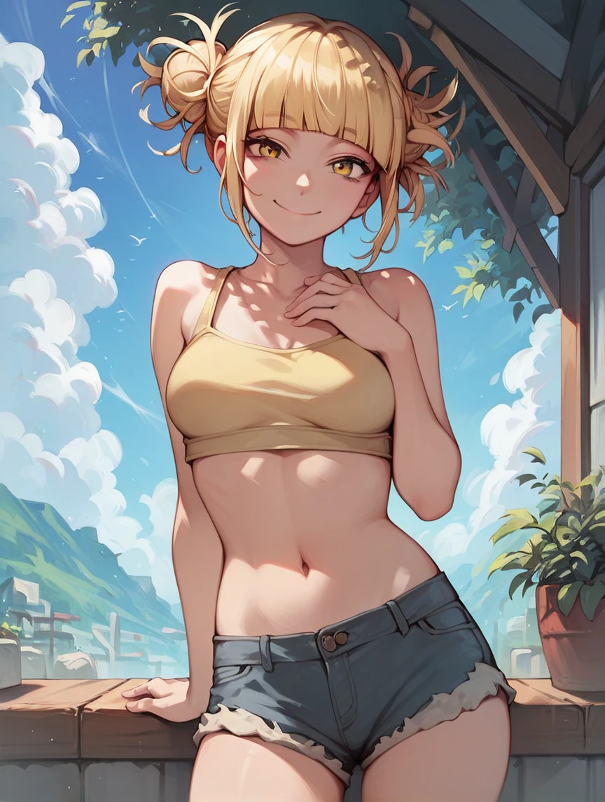 score_9, score_8_up, score_7_up, score_6_up,source_Anime, 1girl, h1m1k0t0g4, yellow eyes, blonde hair, short hair, blunt bangs, hair bun, messy hair, smile,  medium breast, croptop, shorts, looking at viewer, outdoors,   