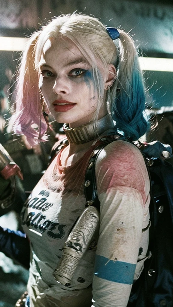 Create a highly detailed and realistic image of Harley Quinn as portrayed by Margot Robbie in "Suicide Squad." She should look beautiful and charismatic, with her signature blonde hair dyed with pink and blue tips. She is wearing a white transparent t-shirt through which her breasts are subtly visible, featuring the text "hahaha" printed on it. The setting is a post-apocalyptic world infested with zombies. The scene should depict a city in ruins, with many spent ammunition cartridges scattered across the streets, indicating recent and intense battles. The atmosphere should be dark, gritty, and tense, with an overall feeling of danger and chaos.
