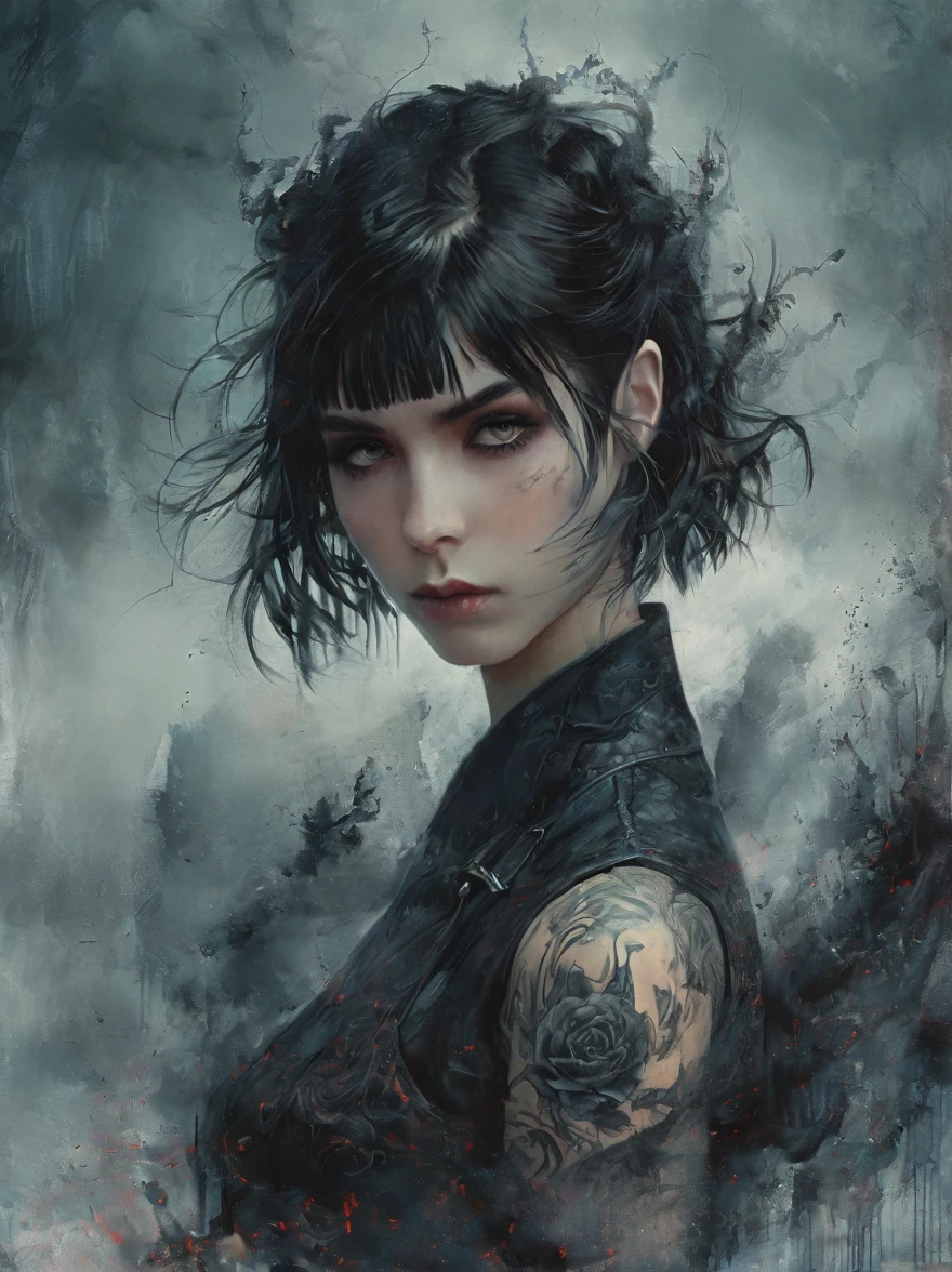 sexy Goth girl , cut hair with fringe, ((( tattooed arm))) . Night Cemitery background.
