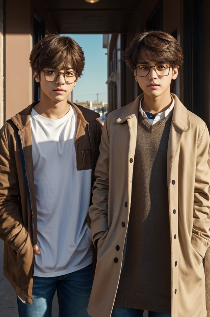 a boy and a girl, back to back, serious looking at one is jungkook from bts and the other is a latina girl with brown hair, brown glasses and eyes. The light hits them from behind