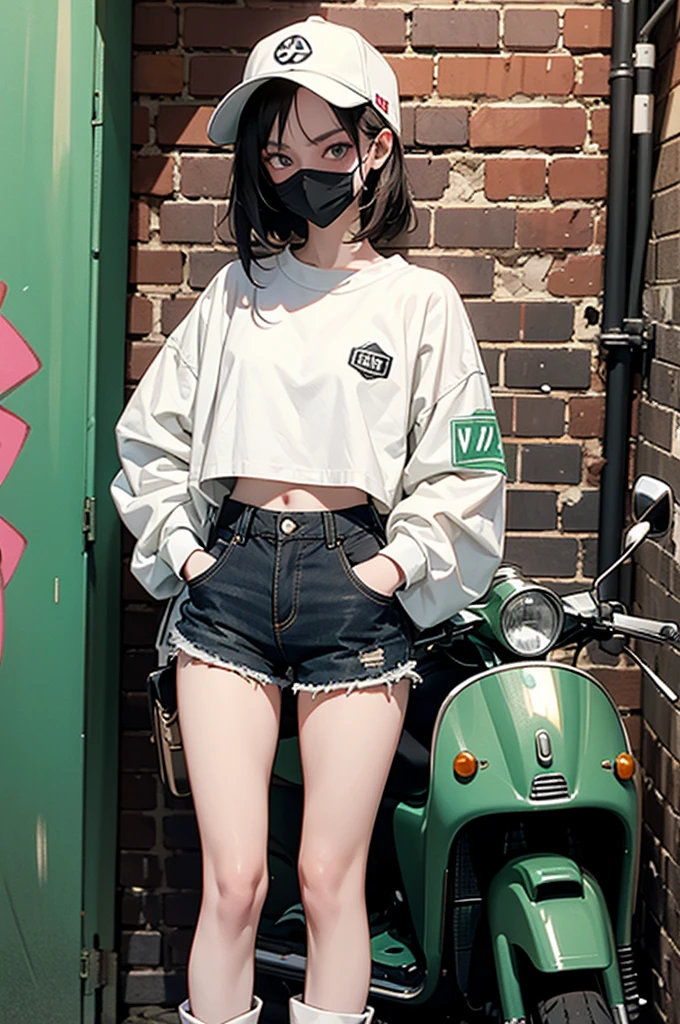 A very thin girl, with extremely pale skin, wearing a white Bucket Hat and a black gas mask covering her entire face with reflective lenses. She is dressed in a white collarless crop top, black shorts, and brown boots. She stands next to a vintage green Vespa motorcycle, holding an empty bottle. The setting is an urban alley, decorated with vibrant street art and graffiti on the brick walls. The alley is dimly lit, casting dramatic shadows and enhancing the dystopian atmosphere.