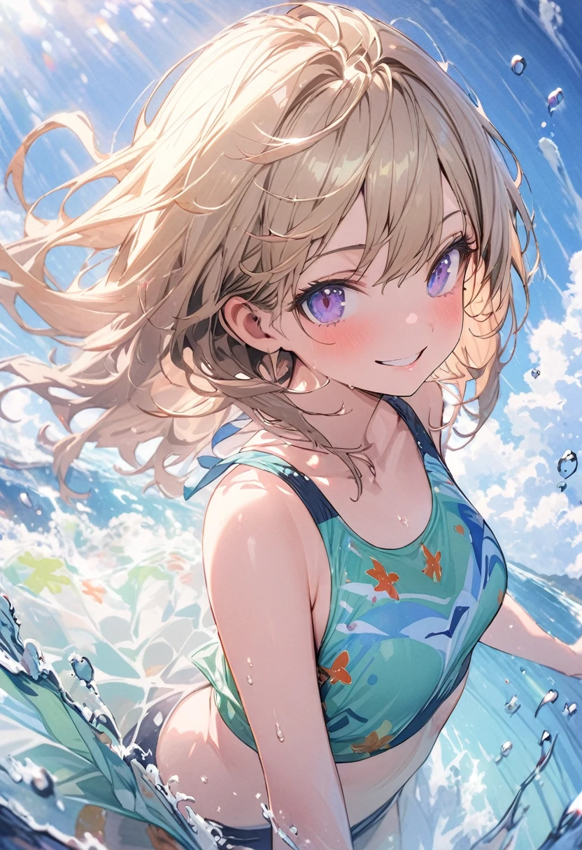 ( High quality , ultra detailed, careful with hand )Zodiac - bull goddess , similar to latin goodness , twin goddess , Curious, skillful, humorous, seductive, imaginative face , Sometimes impractical, restless, nervous, careless style , light brown eyes , light blonde hair , transparent dress , in the ocean with wind , whole body , flirty make up look ,