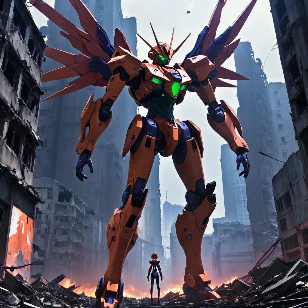 A giant mecha angel from neon genesis evangelion in the middle of a ruined city, fractal-like, dark mood, atmospheris, horror, The ultra -The high-definition、8K UHD、masterpiece