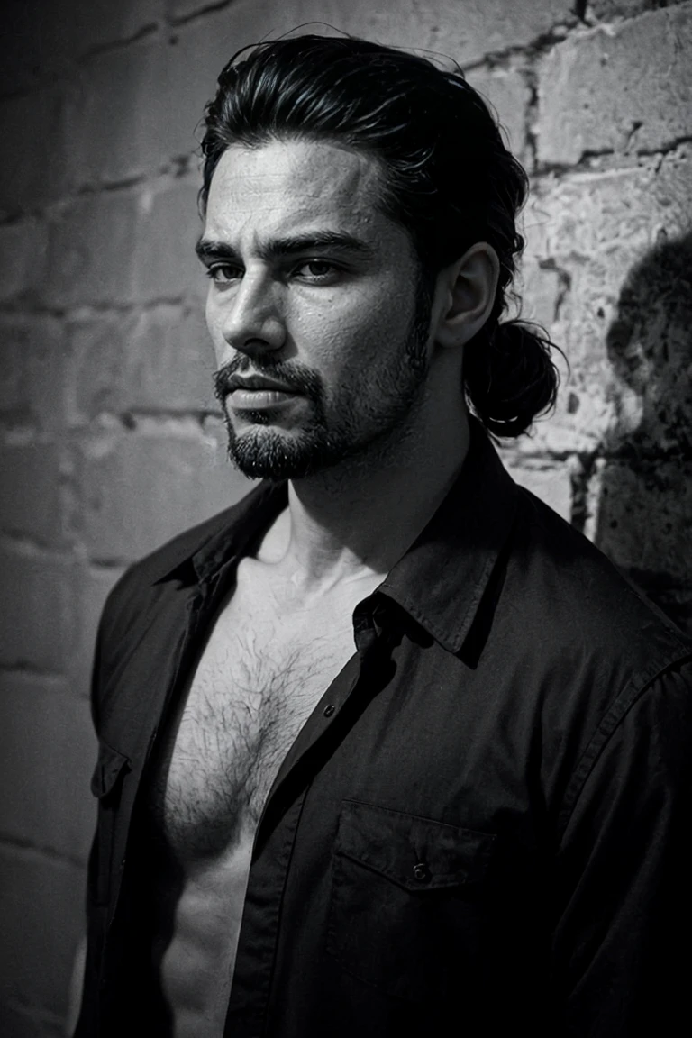 Create an image of a 35-year-old Latino man with a long Spartan-style beard. The beard is dense, well-groomed, and extends down his chest, giving him a rugged and imposing appearance. He has long, straight hair tied back in a samurai-style bun, adding to the edgy rock vibe. His jawline is strong and angular, with pronounced lines. His eyes are deep and expressive, with thick eyebrows adding intensity to his gaze. His skin is slightly tanned, reflecting his Latino heritage.
He is dressed in a long black shirt, exuding a rock 'n' roll aesthetic. The scene is entirely in black and white, creating a stark, dramatic effect. The man is positioned in the background, completely hidden in the shadows, with only faint outlines and subtle highlights hinting at his presence and attire.
The background is softly blurred with muted tones, emphasizing the dark and brooding presence of the figure. The minimal, dramatic lighting casts deep shadows that obscure most of his features, contributing to a haunting and atmospheric rock 'n' roll feel. Ensure the overall image maintains a monochromatic black and white palette to enhance the intense and mysterious atmosphere.