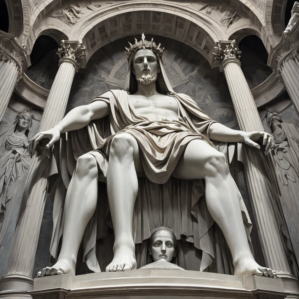 suspended in the face of a giant, in the style of haunting imagery, monumental figures --s 750 --v 6.0