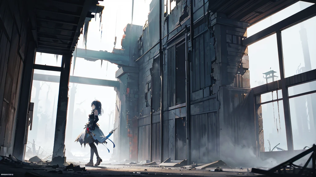 An anime girl standing alone in the dim light of the morning, with a serene yet determined expression on her face. The background shows the remnants of a fantasy world crumbling away, symbolizing the deceitful charm and lies she has left behind. The scene is filled with shadows receding as the truth is unveiled, and the first light of dawn begins to break through. She is dressed in flowing garments that hint at a past masquerade, now torn and discarded. Her eyes are clear and focused, symbolizing her newfound clarity and strength. The atmosphere is one of liberation and healing, with soft, natural lighting enhancing the emotional depth. In the distance, there are hints of a new, hopeful beginning, as she walks away from the shadows of her past.
