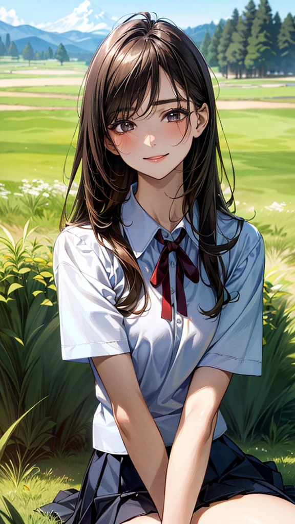 (masterpiece:1.2, top-quality, ultra high res, ultra detailed), (realistic, photorealistic:1.4), beautiful illustration, (natural side lighting, movie lighting),
looking at viewer, (face focus, upper body), 1 girl, japanese, high school dirl, perfect face, (perfect anatomy), cute and symmetrical face, baby face, shiny skin, slender
(long hair:1.5, straight hair:1.2, sark brown hair), parted bangs, grey eyes, long eye lasher, (medium breasts),
beautiful hair, beautiful face, beautiful detailed eyes, beautiful clavicle, beautiful body, beautiful chest, beautiful thigh, beautiful legs,
((detailed cloth texture, short sleeve white collared shirts, navy blue pleated mini skirt, red neck ribbon), , ,
(beautiful scenery), (lovely smile, upper eyes),
In the grass of a meadow, a girl is on all fours, and a big pig is hugging her back from behind.
Her face is bright red and flushed with embarrassment.
She is wearing a very short skirt.