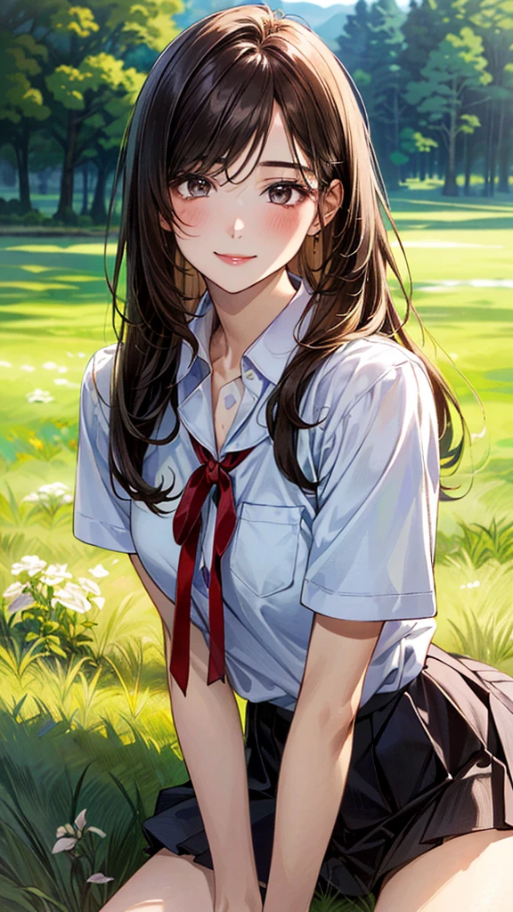 (masterpiece:1.2, top-quality, ultra high res, ultra detailed), (realistic, photorealistic:1.4), beautiful illustration, (natural side lighting, movie lighting), 
looking at viewer, (face focus, upper body), 1 girl, japanese, high school dirl, perfect face, (perfect anatomy), cute and symmetrical face, baby face, shiny skin, slender
(long hair:1.5, straight hair:1.2, sark brown hair), parted bangs, grey eyes, long eye lasher, (medium breasts), 
beautiful hair, beautiful face, beautiful detailed eyes, beautiful clavicle, beautiful body, beautiful chest, beautiful thigh, beautiful legs, 
((detailed cloth texture, short sleeve white collared shirts, navy blue pleated mini skirt, red neck ribbon), , , 
(beautiful scenery), (lovely smile, upper eyes), 
In the grass of a meadow, a girl is on all fours, and a big pig is hugging her back from behind.
Her face is bright red and flushed with embarrassment.
She is wearing a very short skirt.