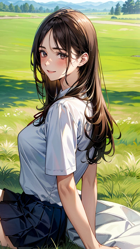 (masterpiece:1.2, top-quality, ultra high res, ultra detailed), (realistic, photorealistic:1.4), beautiful illustration, (natural side lighting, movie lighting), 
looking at viewer, (face focus, upper body), 1 girl, japanese, high school dirl, perfect face, (perfect anatomy), cute and symmetrical face, baby face, shiny skin, slender
(long hair:1.5, straight hair:1.2, sark brown hair), parted bangs, grey eyes, long eye lasher, (medium breasts), 
beautiful hair, beautiful face, beautiful detailed eyes, beautiful clavicle, beautiful body, beautiful chest, beautiful thigh, beautiful legs, 
((detailed cloth texture, short sleeve white collared shirts, navy blue pleated mini skirt, red neck ribbon), , , 
(beautiful scenery), (lovely smile, upper eyes), 
In the grass of a meadow, a girl is on all fours, and a big pig is hugging her back from behind.
Her face is bright red and flushed with embarrassment.
She is wearing a very short skirt.