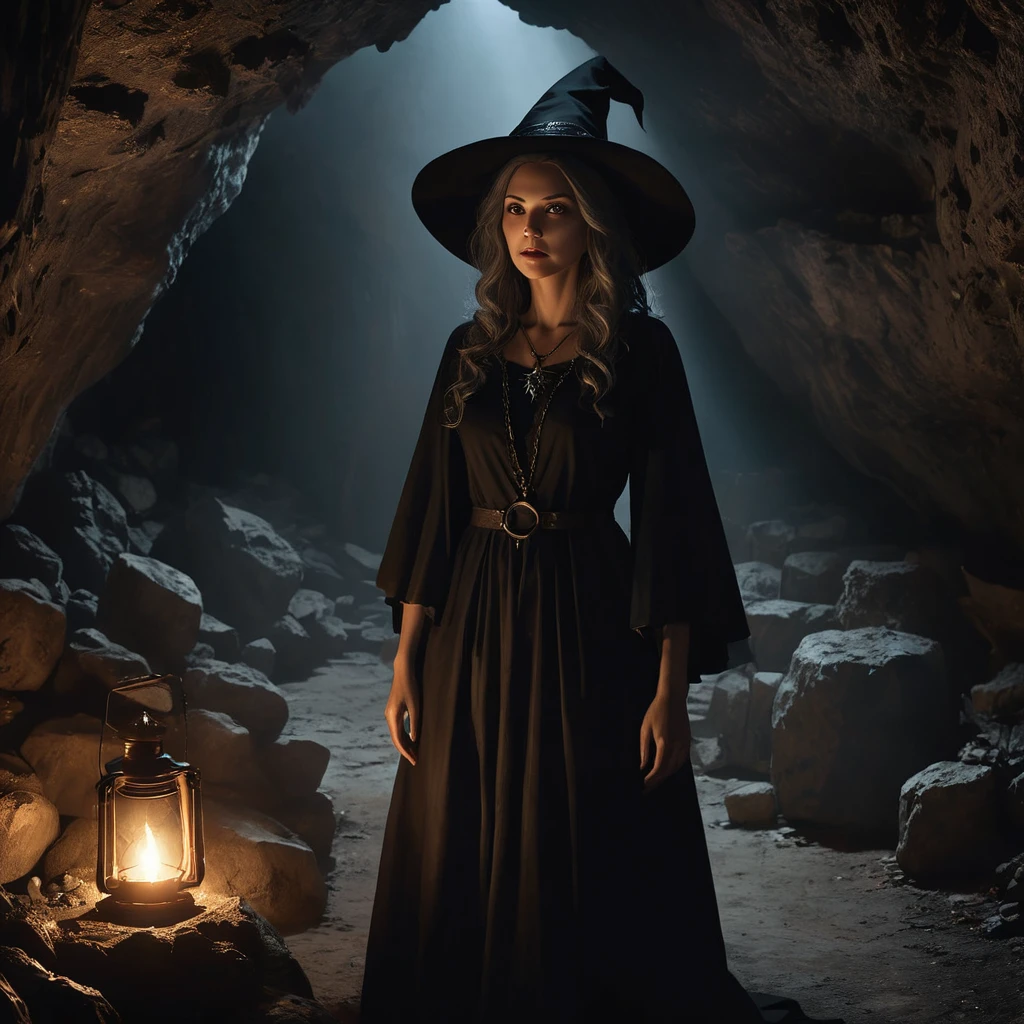 dark atmospheric horror, middle aged witch in a cave from far, (RAW photo, real, best quality, masterpiece:1.2), detailed, (hyper realistic, photo-realistic:1.2), high quality, (dark lighting:1.2), perfect lighting
