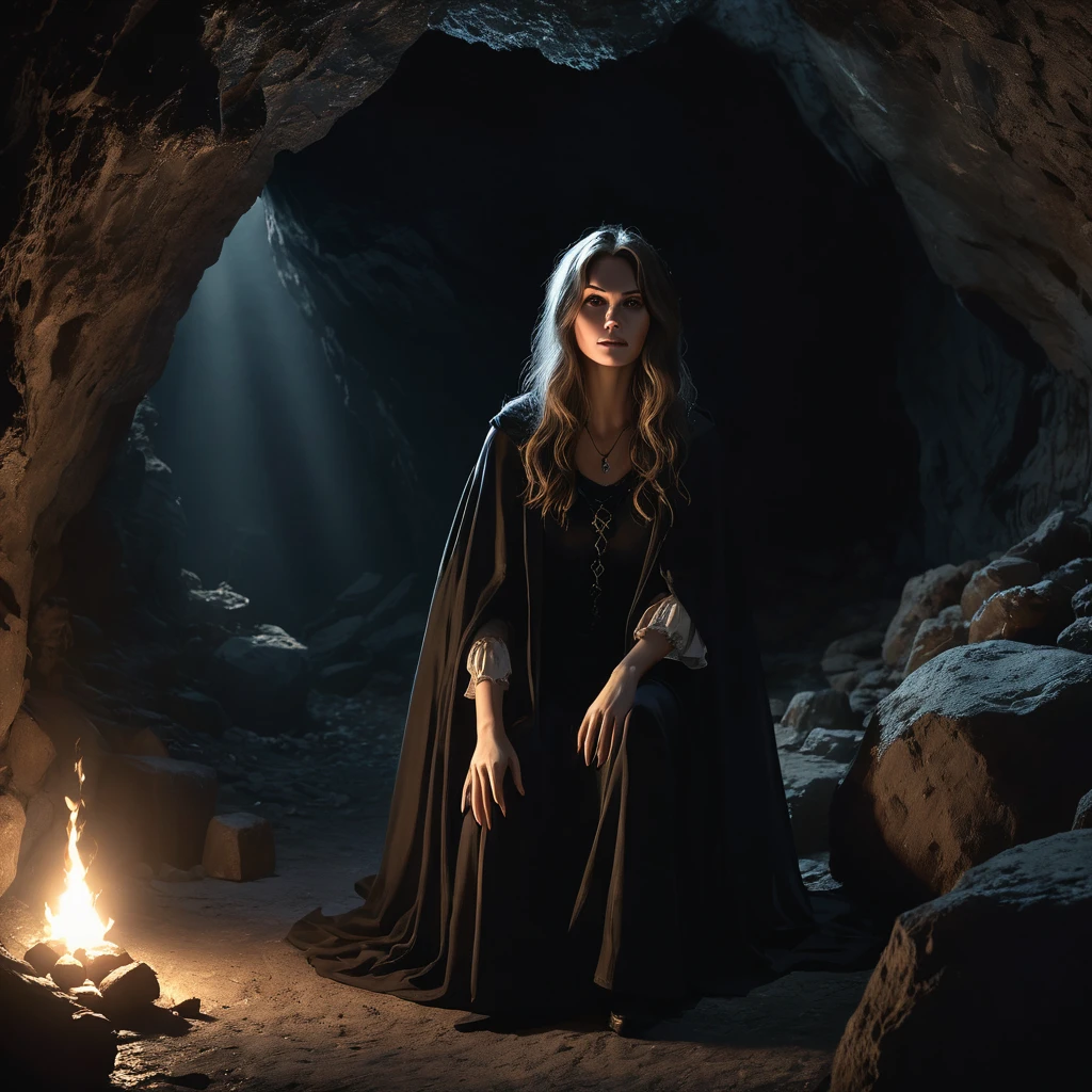 dark atmospheric horror, middle aged witch in a cave from far, (RAW photo, real, best quality, masterpiece:1.2), detailed, (hyper realistic, photo-realistic:1.2), high quality, (dark lighting:1.2), perfect lighting
