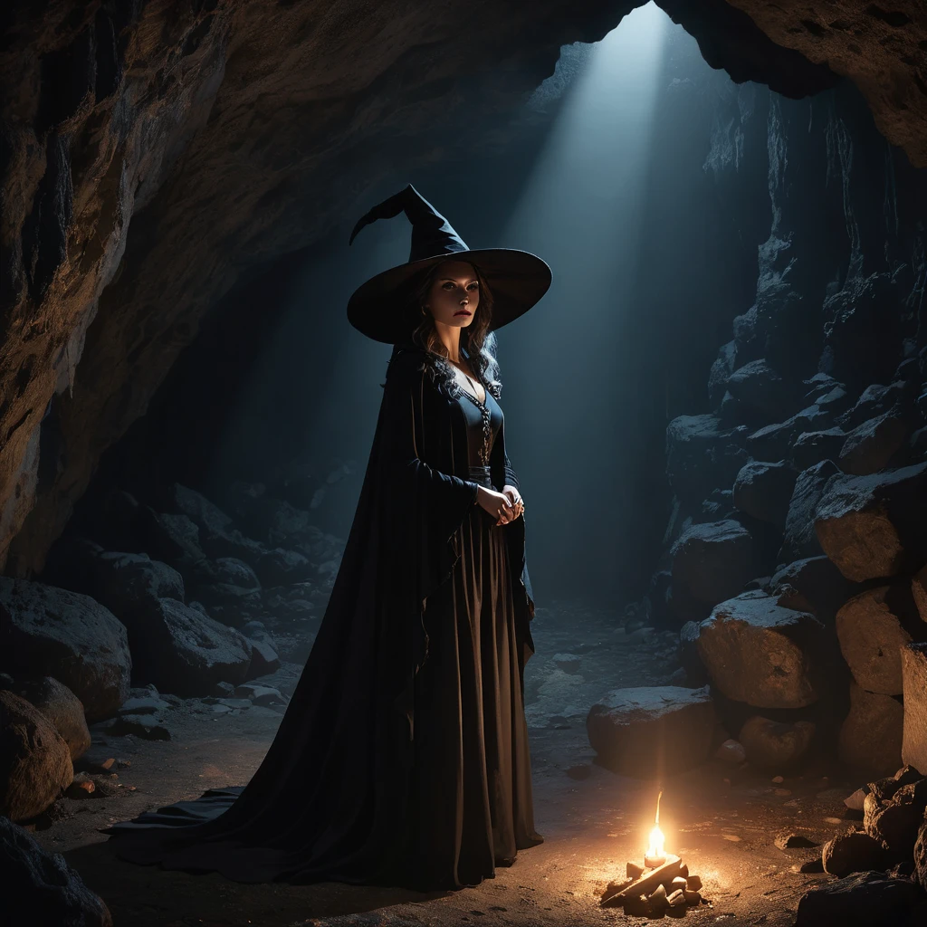 dark atmospheric horror, middle aged witch in a cave from far, (RAW photo, real, best quality, masterpiece:1.2), detailed, (hyper realistic, photo-realistic:1.2), high quality, (dark lighting:1.2), perfect lighting