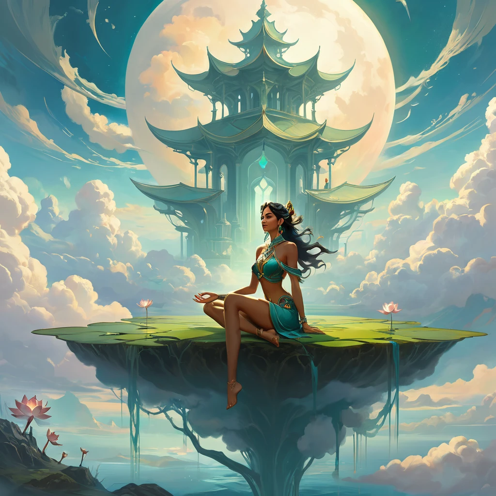 painting of a woman sitting in a lotus position in the clouds, inspired by Peter Mohrbacher, peter mohrbacher style, peter mohrbacher digital art, in the art style of mohrbacher, in style of peter mohrbacher, peter mohrbacher. unreal engine, surreal concept art, peter mohrbacher artstyle, style of peter mohrbacher