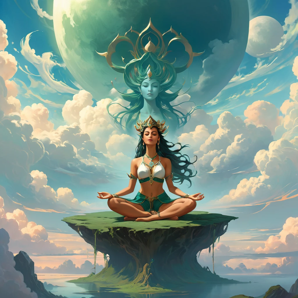 painting of a woman sitting in a lotus position in the clouds, inspired by Peter Mohrbacher, peter mohrbacher style, peter mohrbacher digital art, in the art style of mohrbacher, in style of peter mohrbacher, peter mohrbacher. unreal engine, surreal concept art, peter mohrbacher artstyle, style of peter mohrbacher
