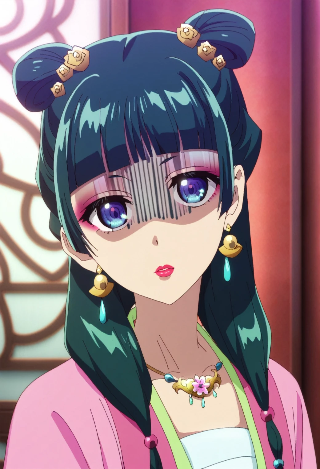 1girl, maomao, solo, green hair, long hair, blue eyes, BREAK
blunt bangs, close-up, collarbone, earrings, face, hair over shoulder, jewelry, looking at viewer, necklace, shaded face, sidelocks, bell earrings, flower necklace, double bun hairstyle, half updo, pl-dress, chinese clothes, pink hanfu, makeup, lipstick, pink eyeliner, hair beads, low twintails, BREAK
score_9, score_8_up, score_7_up, score_6_up, anime, BREAK
(high quality, detailed, beautiful), shiny, detailed beautiful eyes, outstanding, countershading, detailed soft lighting