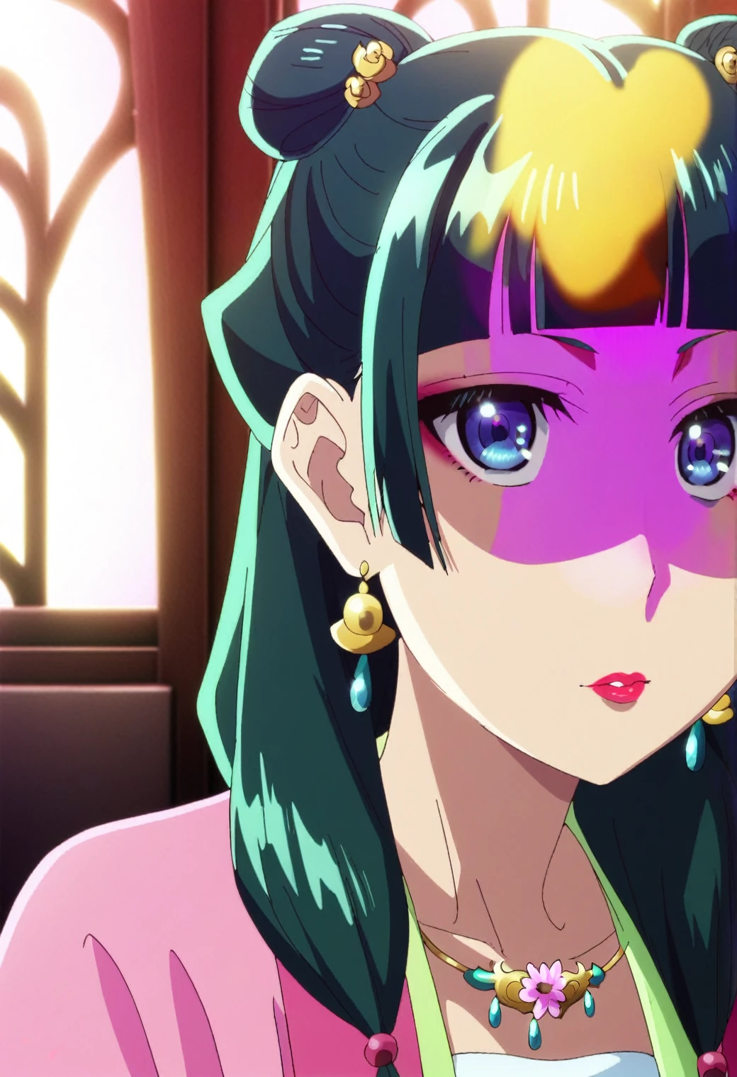 1girl, maomao, solo, green hair, long hair, blue eyes, BREAK
blunt bangs, close-up, collarbone, earrings, face, hair over shoulder, jewelry, looking at viewer, necklace, shaded face, sidelocks, bell earrings, flower necklace, double bun hairstyle, half updo, pl-dress, chinese clothes, pink hanfu, makeup, lipstick, pink eyeliner, hair beads, low twintails, BREAK
score_9, score_8_up, score_7_up, score_6_up, anime, BREAK
(high quality, detailed, beautiful), shiny, detailed beautiful eyes, outstanding, countershading, detailed soft lighting