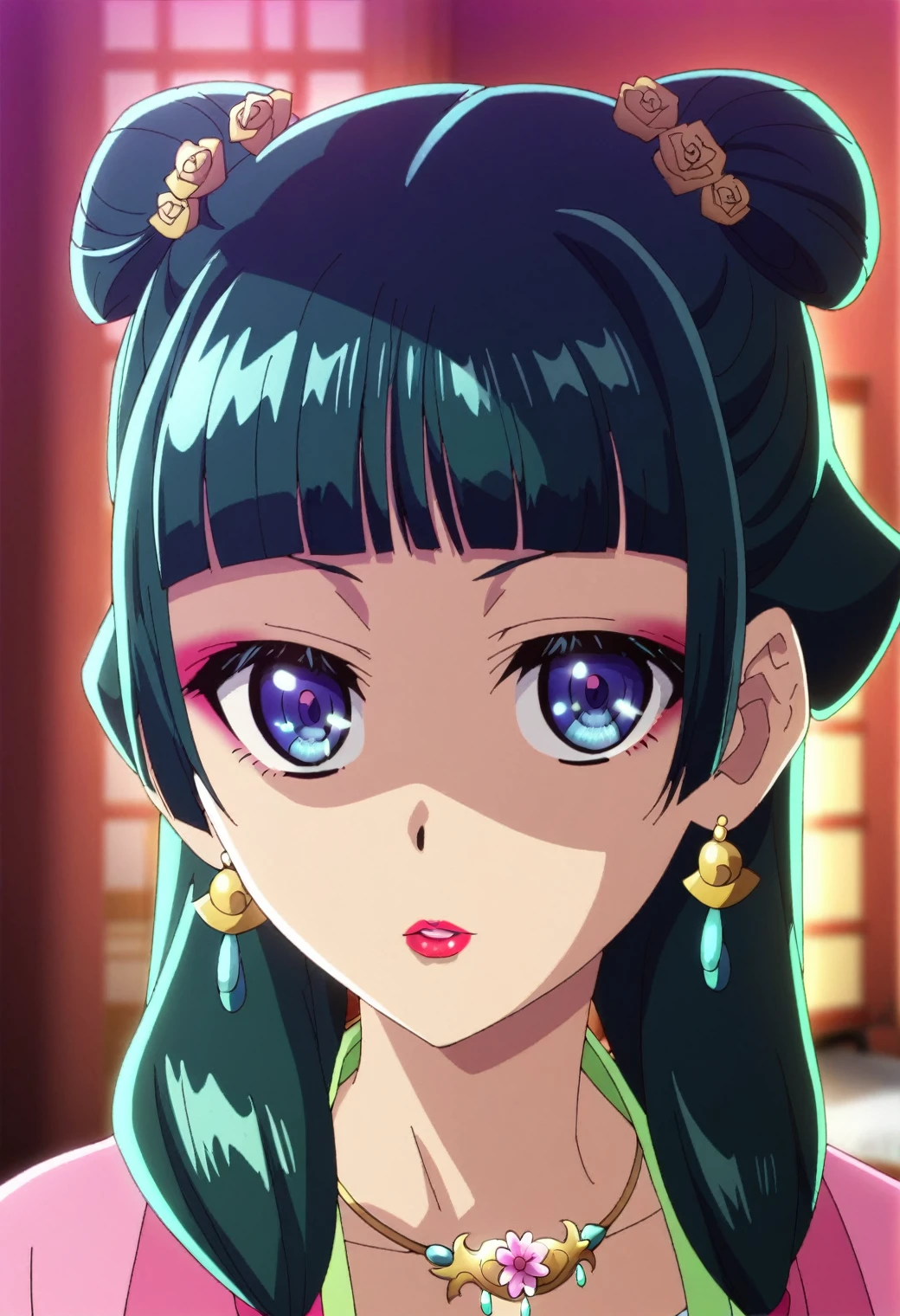 1girl, maomao, solo, green hair, long hair, blue eyes, BREAK
blunt bangs, close-up, collarbone, earrings, face, hair over shoulder, jewelry, looking at viewer, necklace, shaded face, sidelocks, bell earrings, flower necklace, double bun hairstyle, half updo, pl-dress, chinese clothes, pink hanfu, makeup, lipstick, pink eyeliner, hair beads, low twintails, BREAK
score_9, score_8_up, score_7_up, score_6_up, anime, BREAK
(high quality, detailed, beautiful), shiny, detailed beautiful eyes, outstanding, countershading, detailed soft lighting